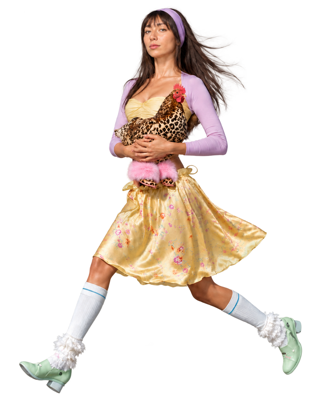 Sydney holding a chicken in a yellow skirt