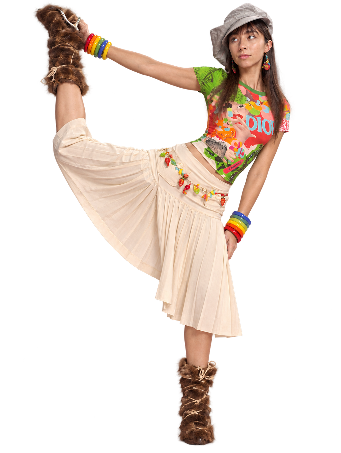 Sydney kicking up a boot in a colorful outfit